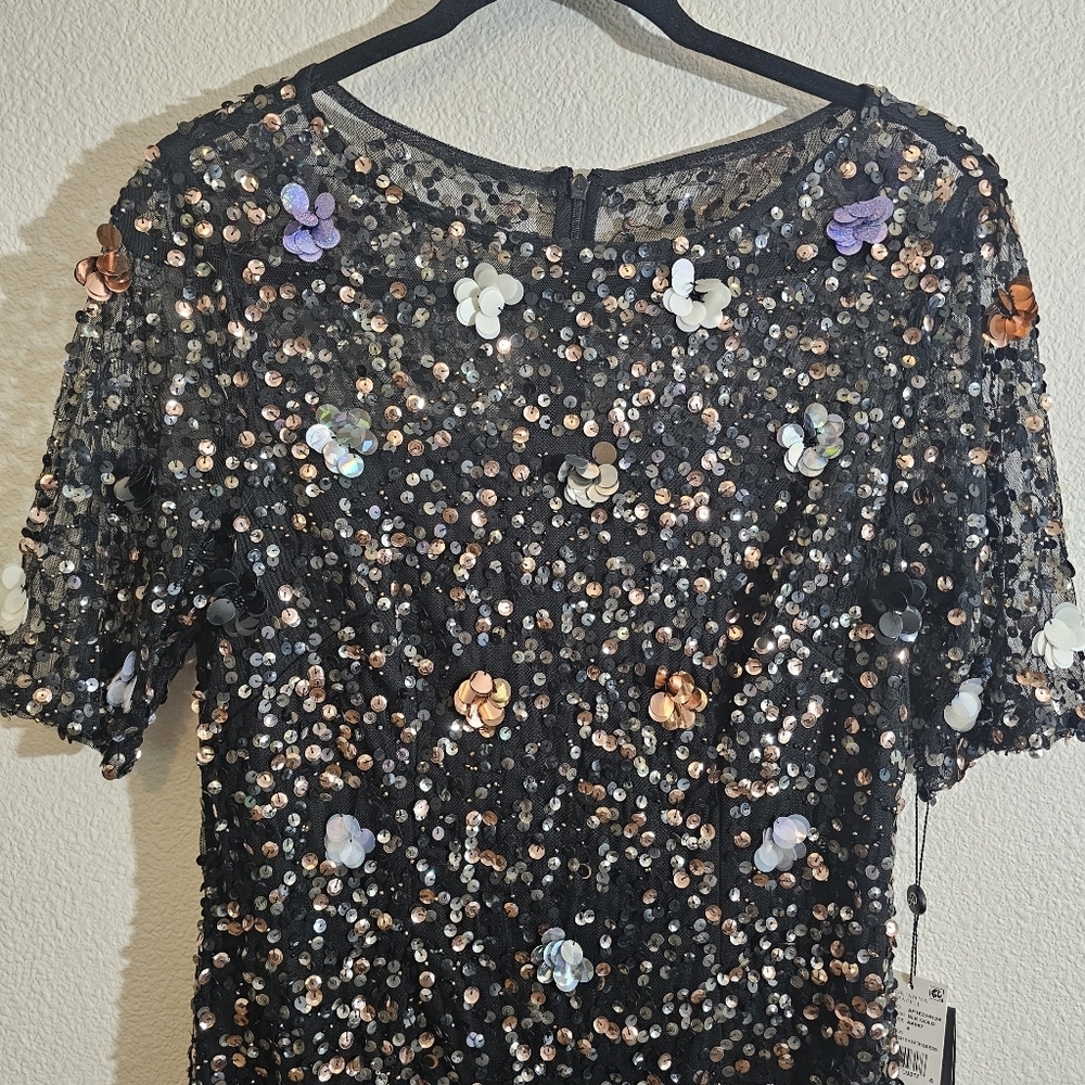 Adrianna Papell NWT Dress 8 Black 3D Floral Sheath Dress $249 - Picture 6 of 14